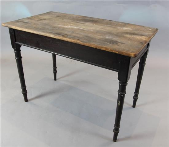 A Heal & Sons pine top ebonised side table 3ft 6in.